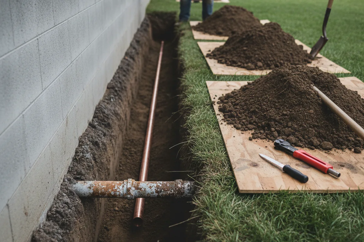 Excavated water line trench during Water Softener Installation in Blacksburg